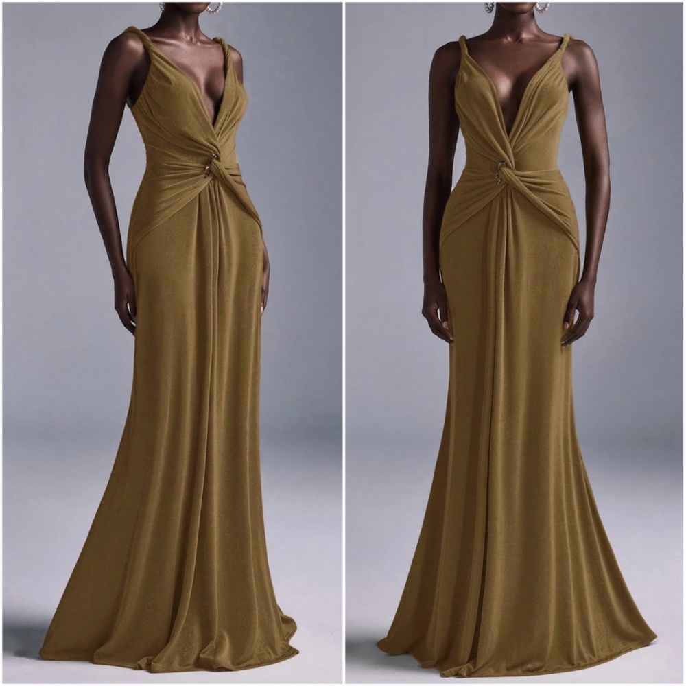 Solid Plunging Neck Twist Detail Party Evening Formal Wedding Dress